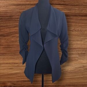 H&M Navy Women's Waffle Weave 3/4 Ruched Sleeve Blazer Size 4